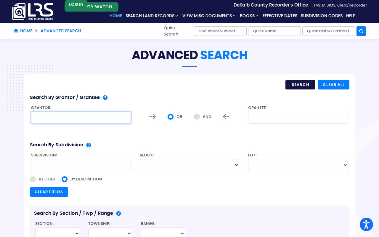 DeKalb County Recorder advanced land-record search fields
