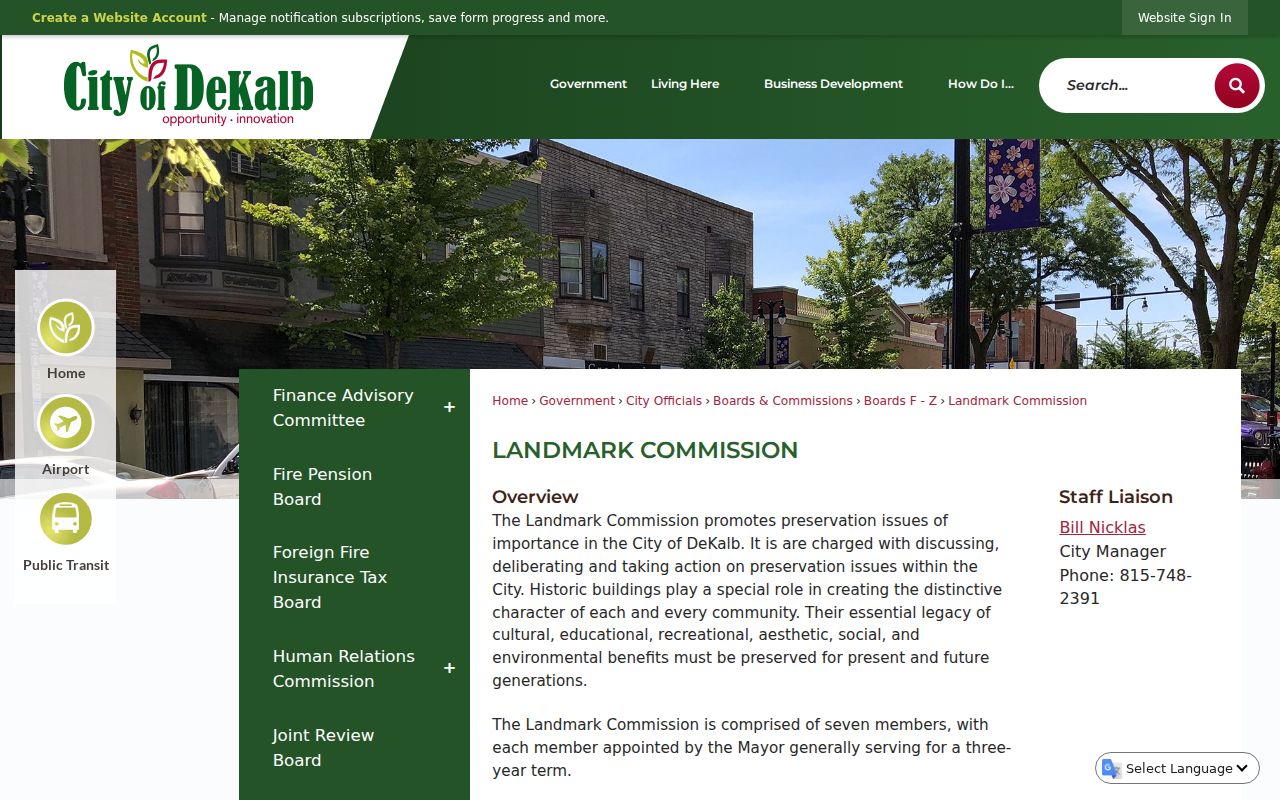 DeKalb Landmark Commission page with historic neighborhood records