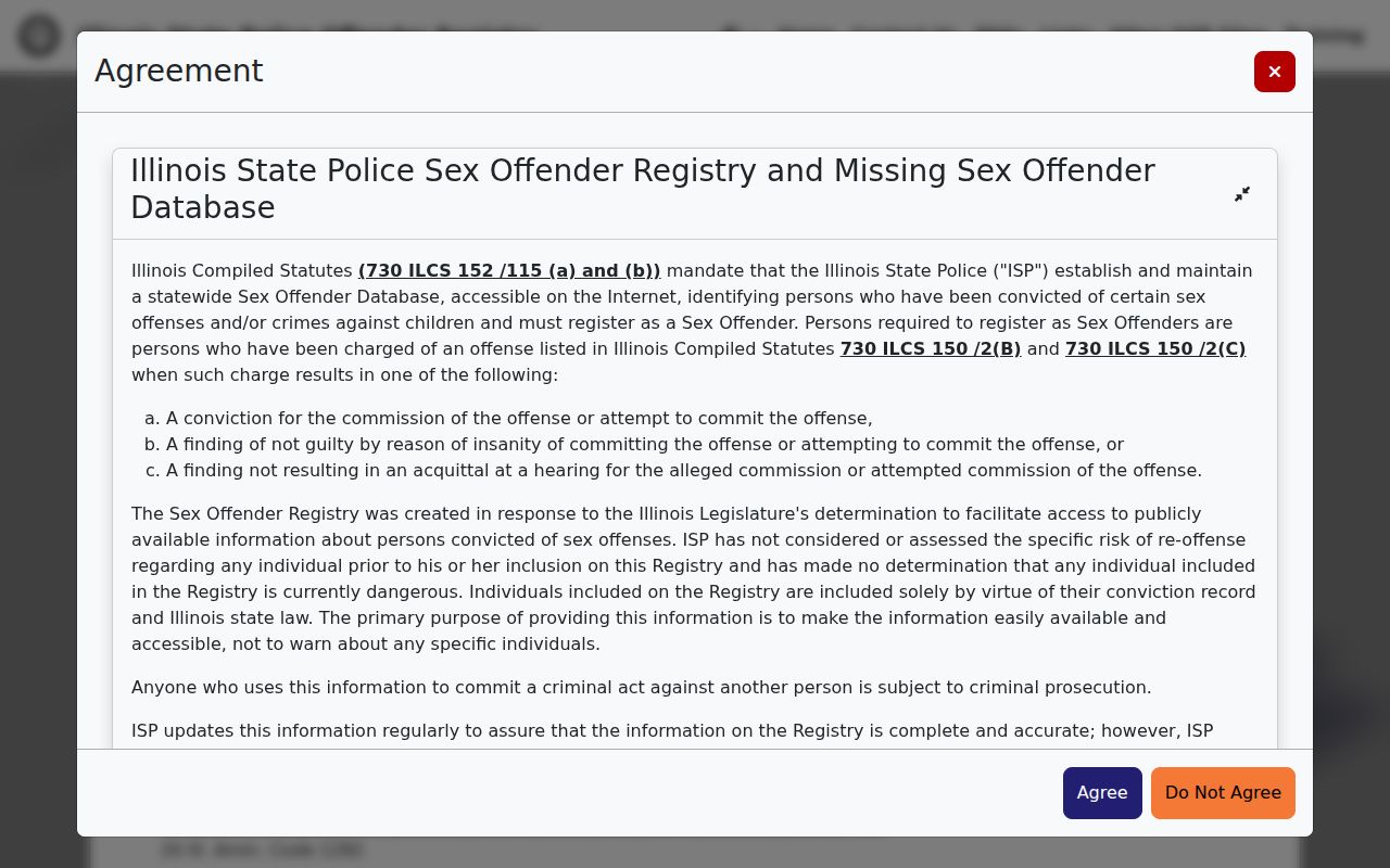 DeKalb resident lookup Illinois State Police registry screen